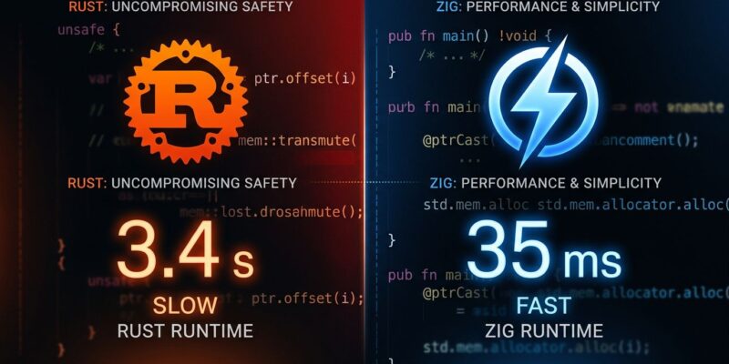 Split-screen comparison of Rust vs Zig build times for the Roc compiler rewrite showing 3.4 seconds vs 35 milliseconds