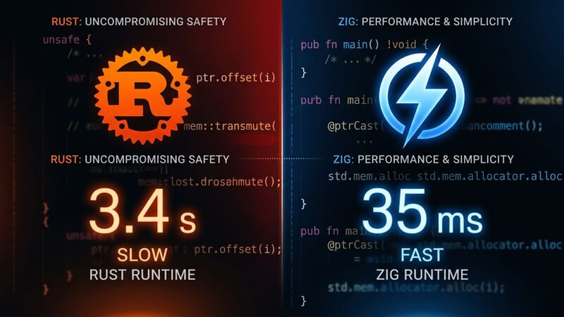 Split-screen comparison of Rust vs Zig build times for the Roc compiler rewrite showing 3.4 seconds vs 35 milliseconds