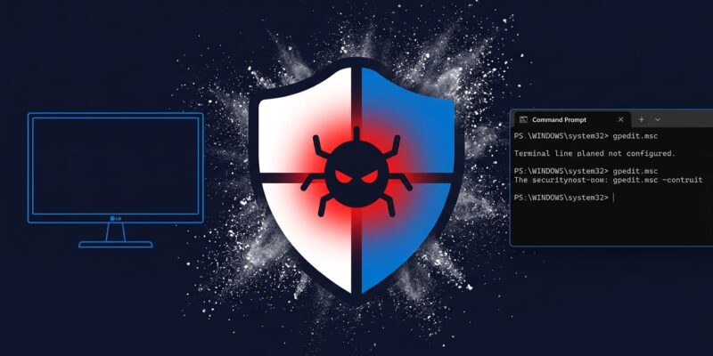 LG monitor with Windows Update shield icon containing hidden malware warning, representing silent adware installation