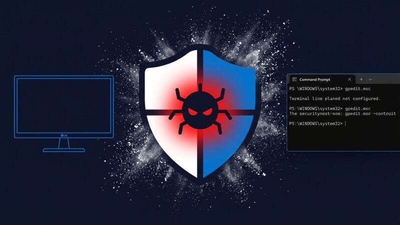 LG monitor with Windows Update shield icon containing hidden malware warning, representing silent adware installation