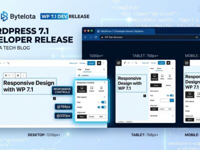 WordPress 7.1 block editor showing responsive viewport controls for desktop, tablet, and mobile with blue and white design