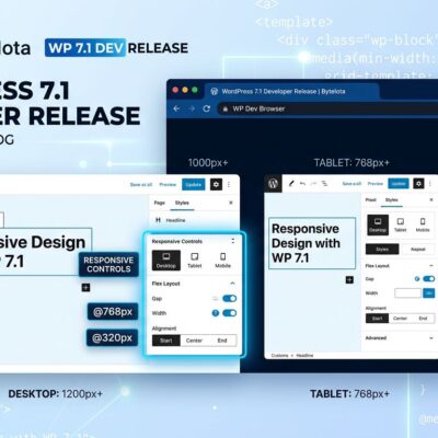 WordPress 7.1 block editor showing responsive viewport controls for desktop, tablet, and mobile with blue and white design