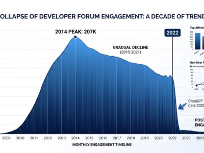 Data visualization showing Stack Overflow question volume decline from 207000 monthly questions in 2014 to near zero in 2026 following ChatGPT launch