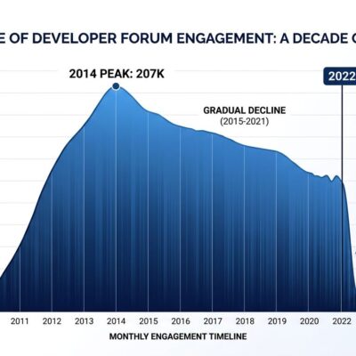 Data visualization showing Stack Overflow question volume decline from 207000 monthly questions in 2014 to near zero in 2026 following ChatGPT launch