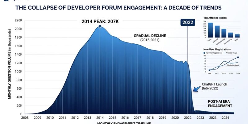 Data visualization showing Stack Overflow question volume decline from 207000 monthly questions in 2014 to near zero in 2026 following ChatGPT launch
