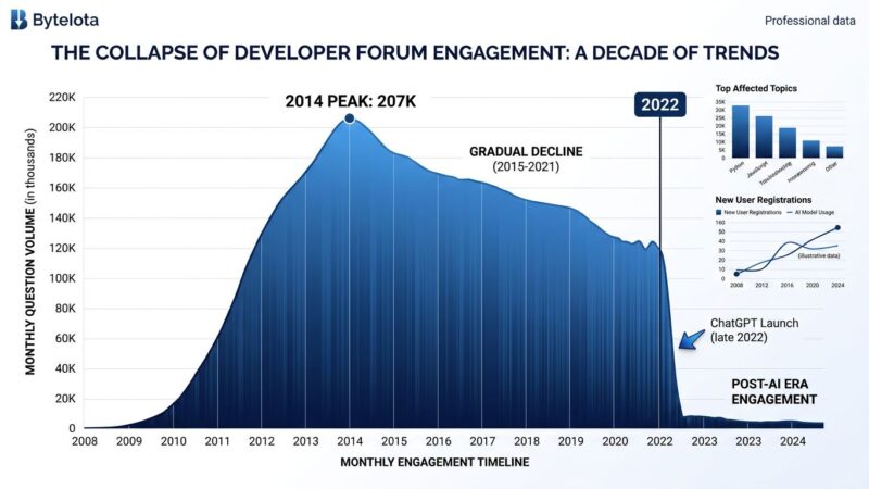 Data visualization showing Stack Overflow question volume decline from 207000 monthly questions in 2014 to near zero in 2026 following ChatGPT launch