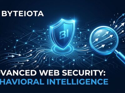 Abstract visualization of Cloudflare Precursor behavioral bot detection system with blue security shield and network data streams