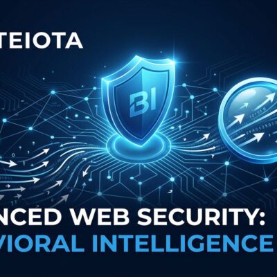 Abstract visualization of Cloudflare Precursor behavioral bot detection system with blue security shield and network data streams