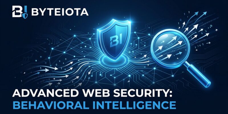 Abstract visualization of Cloudflare Precursor behavioral bot detection system with blue security shield and network data streams
