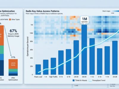 Data visualization dashboard showing Redis 8.2 performance metrics including 1 million operations per second throughput and 67 percent JSON memory reduction