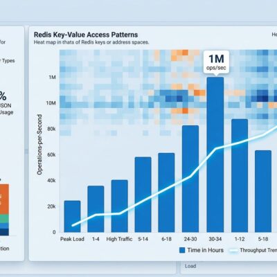 Data visualization dashboard showing Redis 8.2 performance metrics including 1 million operations per second throughput and 67 percent JSON memory reduction
