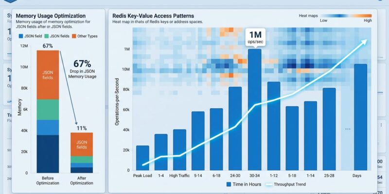 Data visualization dashboard showing Redis 8.2 performance metrics including 1 million operations per second throughput and 67 percent JSON memory reduction