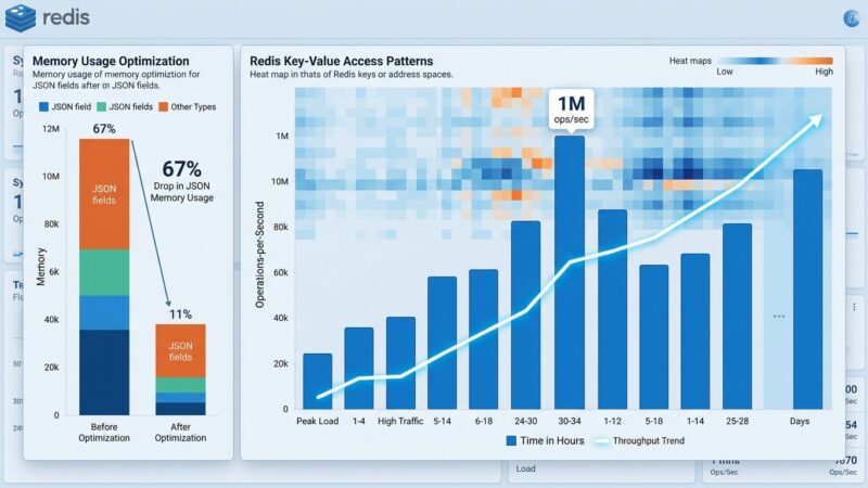 Data visualization dashboard showing Redis 8.2 performance metrics including 1 million operations per second throughput and 67 percent JSON memory reduction