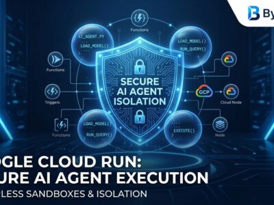 Google Cloud Run Sandboxes illustration showing isolated AI agent code execution with blue security shield and circuit board patterns