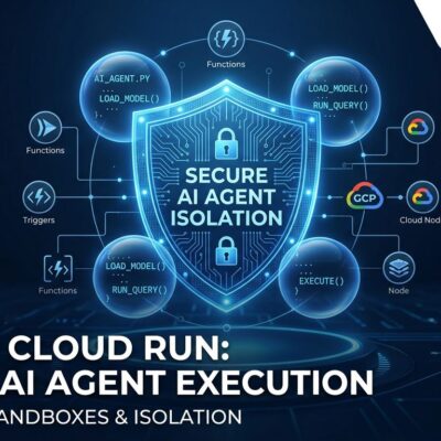 Google Cloud Run Sandboxes illustration showing isolated AI agent code execution with blue security shield and circuit board patterns