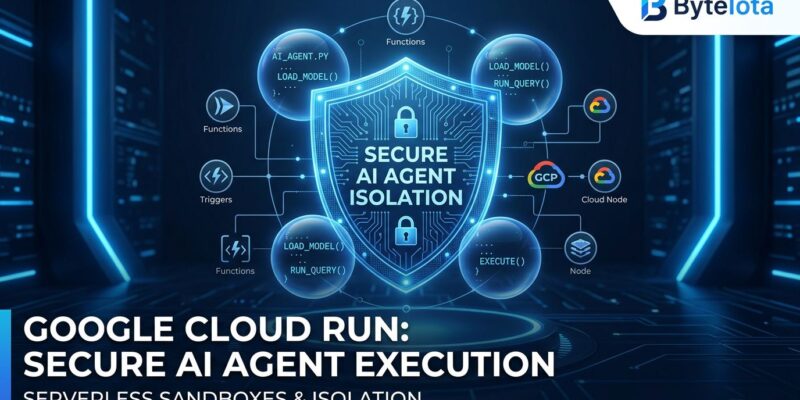 Google Cloud Run Sandboxes illustration showing isolated AI agent code execution with blue security shield and circuit board patterns
