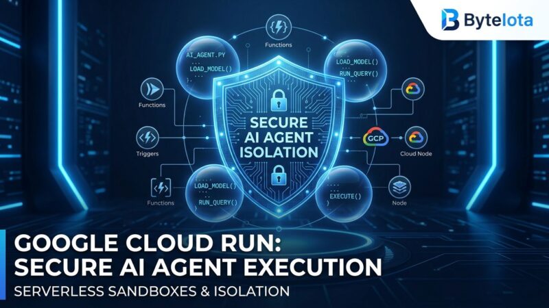 Google Cloud Run Sandboxes illustration showing isolated AI agent code execution with blue security shield and circuit board patterns