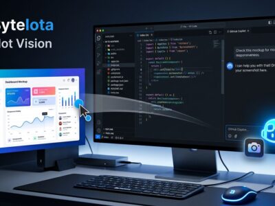 GitHub Copilot Vision chat panel showing image attachment in VS Code editor with blue and white ByteIota branding