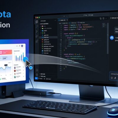 GitHub Copilot Vision chat panel showing image attachment in VS Code editor with blue and white ByteIota branding