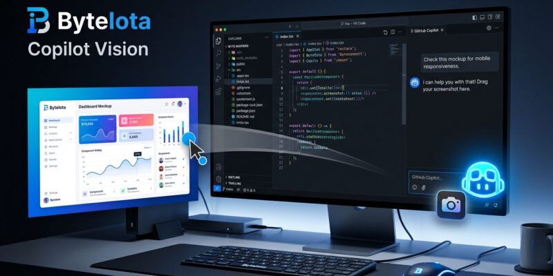 GitHub Copilot Vision chat panel showing image attachment in VS Code editor with blue and white ByteIota branding
