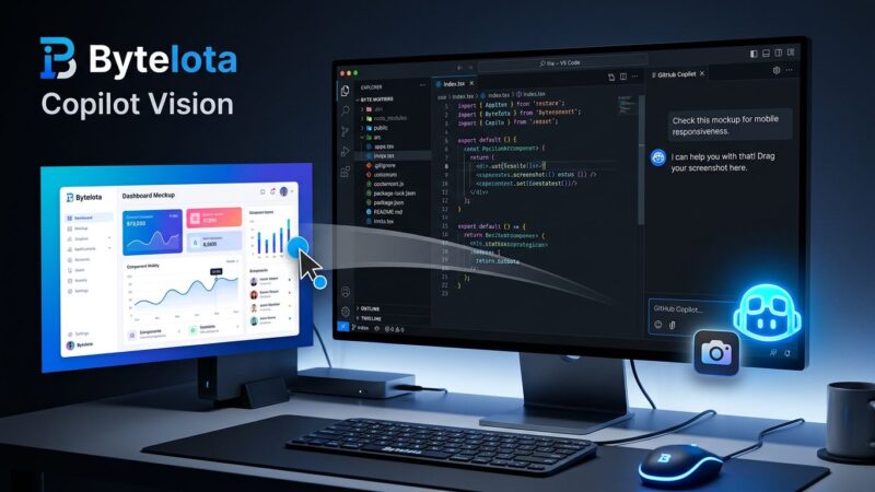 GitHub Copilot Vision chat panel showing image attachment in VS Code editor with blue and white ByteIota branding