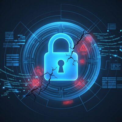 Shield with code fragments representing AI-generated code security vulnerabilities