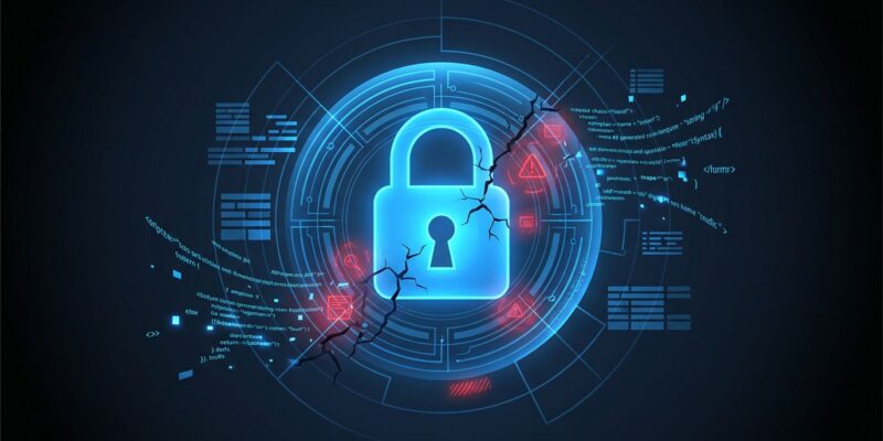 Shield with code fragments representing AI-generated code security vulnerabilities