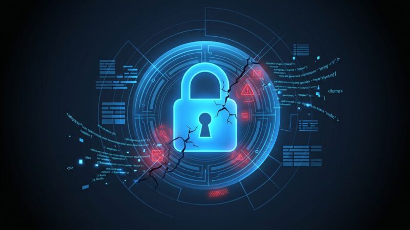 Shield with code fragments representing AI-generated code security vulnerabilities