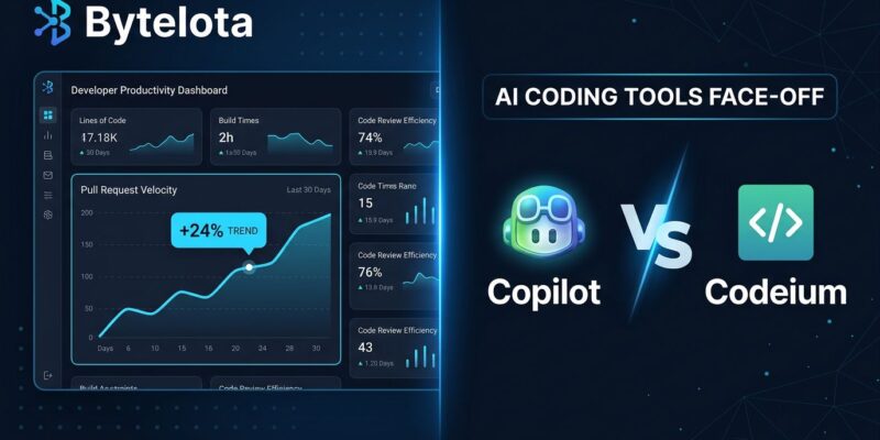 Developer productivity dashboard showing 24% pull request throughput lift from AI coding agents, comparing Copilot CLI vs Claude Code performance metrics