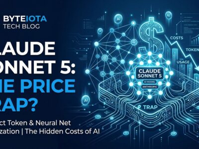 Claude Sonnet 5 tokenizer pricing trap visualization - blue and white digital circuits
