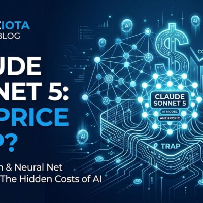 Claude Sonnet 5 tokenizer pricing trap visualization - blue and white digital circuits