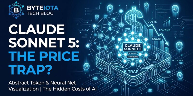 Claude Sonnet 5 tokenizer pricing trap visualization - blue and white digital circuits