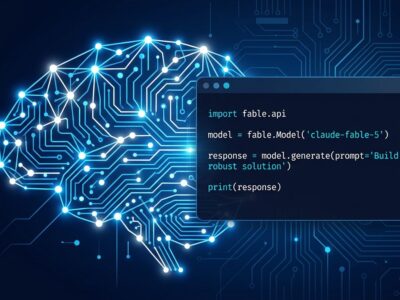 Claude Fable 5 API guide showing neural network circuit patterns with blue and white ByteIota brand colors