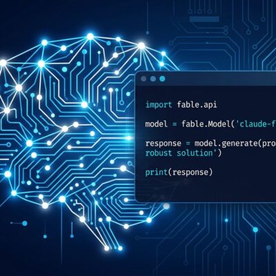 Claude Fable 5 API guide showing neural network circuit patterns with blue and white ByteIota brand colors