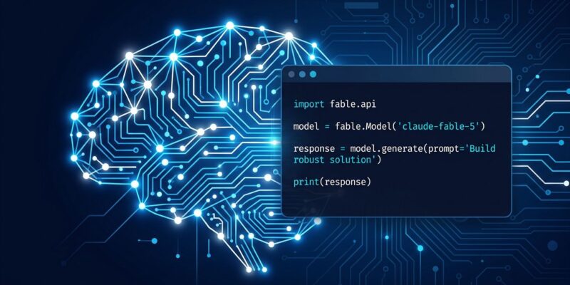 Claude Fable 5 API guide showing neural network circuit patterns with blue and white ByteIota brand colors