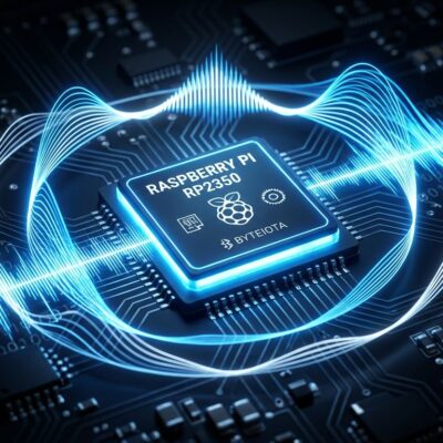 Raspberry Pi RP2350 microcontroller chip with voice waveforms representing Moonshine Micro embedded speech recognition and TTS
