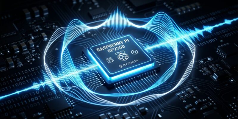 Raspberry Pi RP2350 microcontroller chip with voice waveforms representing Moonshine Micro embedded speech recognition and TTS