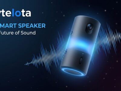 OpenAI screenless AI speaker device with blue glow and sound wave visualizations
