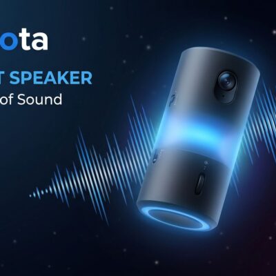 OpenAI screenless AI speaker device with blue glow and sound wave visualizations