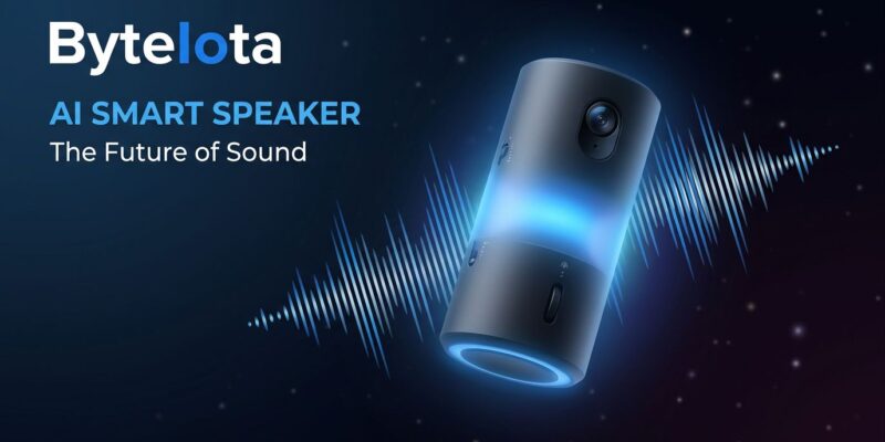 OpenAI screenless AI speaker device with blue glow and sound wave visualizations