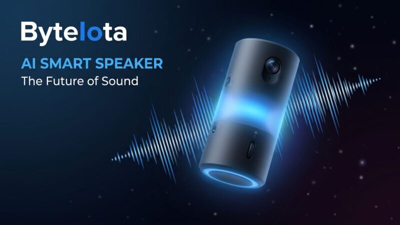 OpenAI screenless AI speaker device with blue glow and sound wave visualizations