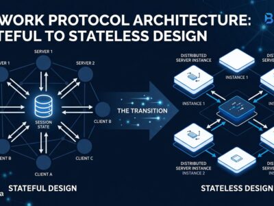 Abstract visualization of MCP stateless protocol architecture showing distributed server nodes with no central session point, dark blue and white color scheme