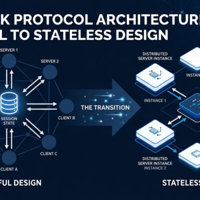 Abstract visualization of MCP stateless protocol architecture showing distributed server nodes with no central session point, dark blue and white color scheme