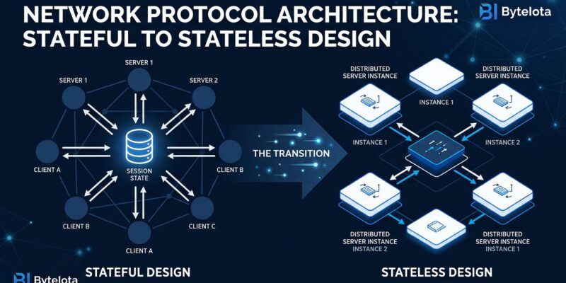 Abstract visualization of MCP stateless protocol architecture showing distributed server nodes with no central session point, dark blue and white color scheme