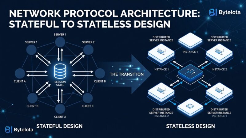 Abstract visualization of MCP stateless protocol architecture showing distributed server nodes with no central session point, dark blue and white color scheme