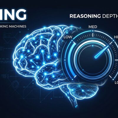 Inkling AI model from Thinking Machines: neural network with adjustable reasoning dial, blue and white color scheme