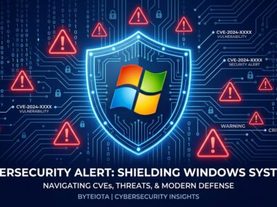 Windows security shield surrounded by CVE warning labels and binary code on a dark blue background