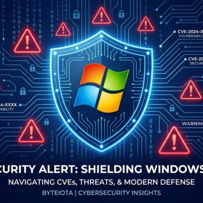 Windows security shield surrounded by CVE warning labels and binary code on a dark blue background
