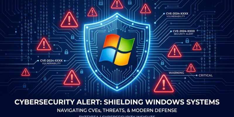 Windows security shield surrounded by CVE warning labels and binary code on a dark blue background