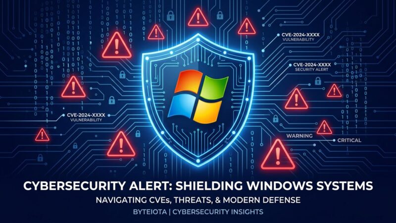 Windows security shield surrounded by CVE warning labels and binary code on a dark blue background